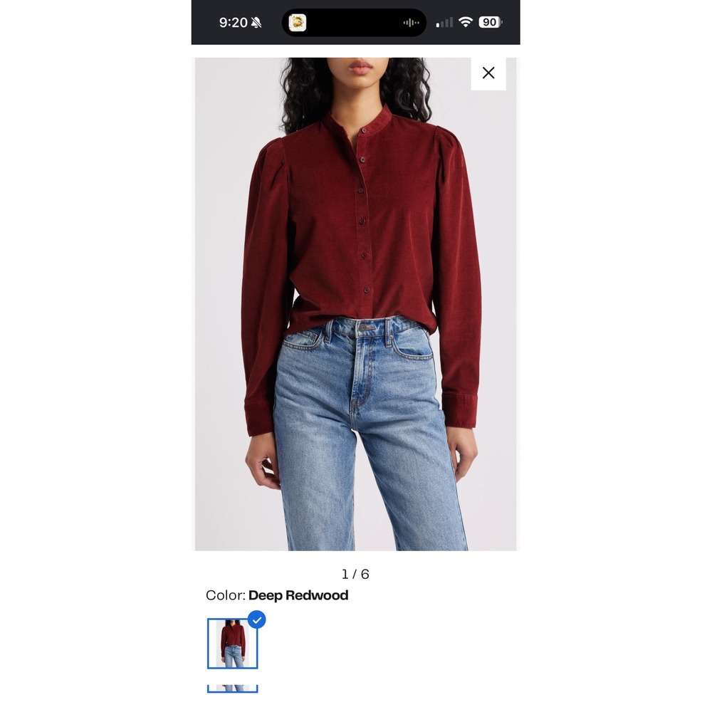 Madewell Corduroy Puff Sleeve Band Collar Shirt Deep Redwood Burgundy Small
